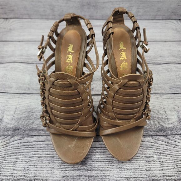 L.A.M.B Brown Leather Strappy Sandals Heels Size 6 - Picture 3 of 7